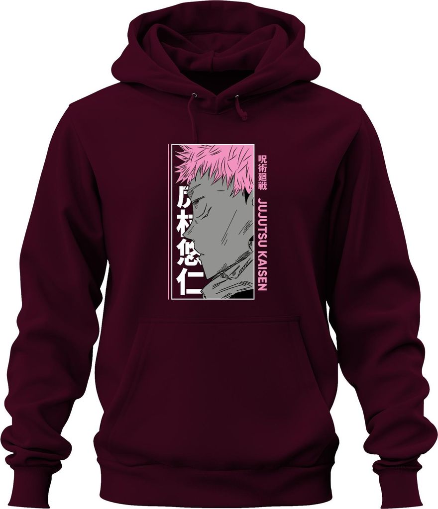 Jujutsu Kaisen Yuji Itadori Anime Porträt rosa Haare Manga Fan Uni Hoodie Kapuzenpullover, Burgundy, S