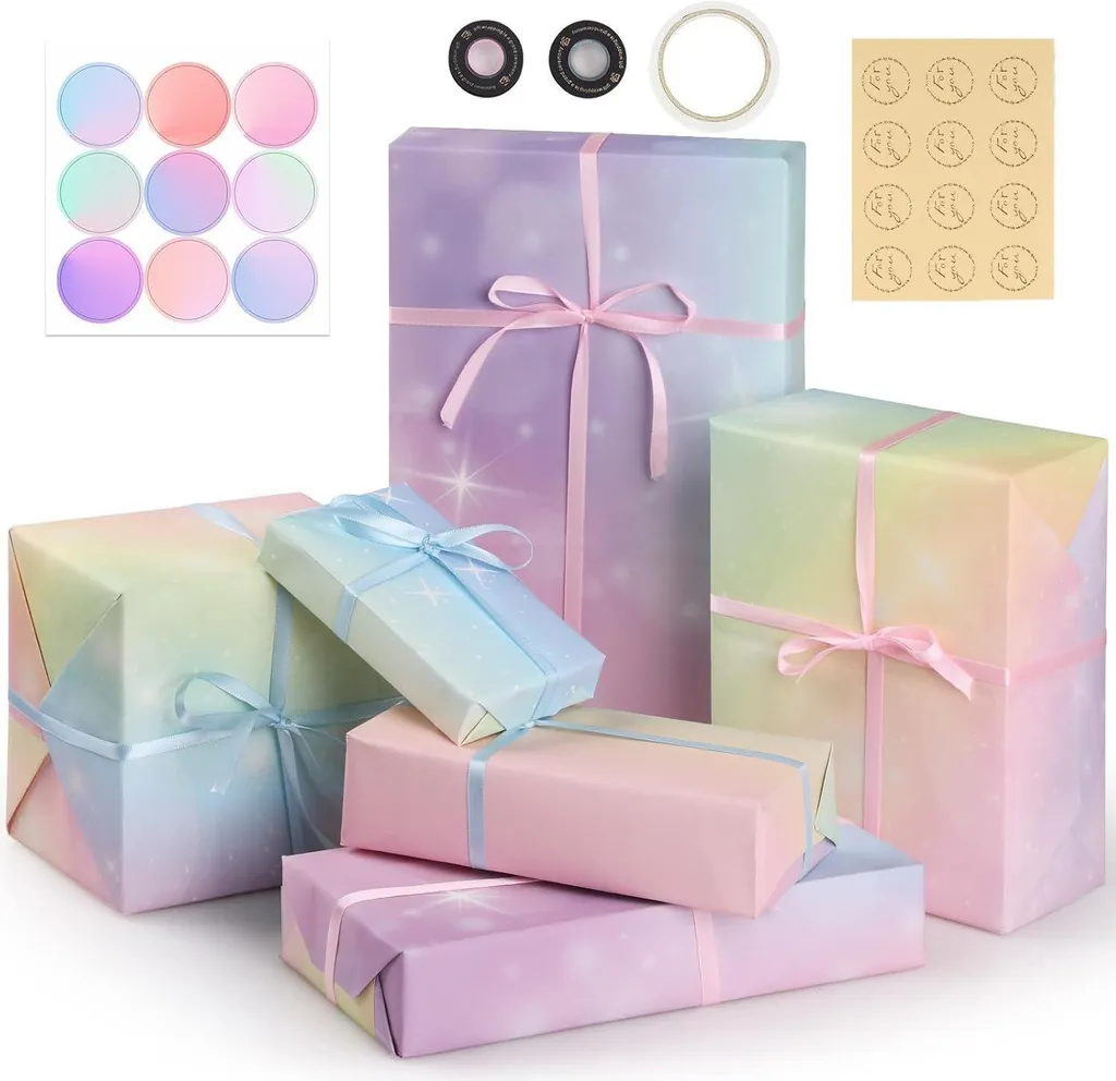 Papier cadeau pour emballage anniversaire rose et violet lot 6 feuilles