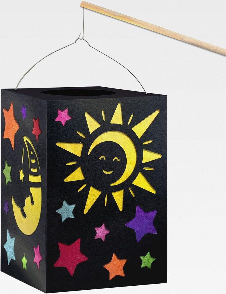 Laternen Bastelset Sonne, Mond & Sterne, ca. 14 x 20 cm, Set mit Rohling, Laternendeckel und -boden aus schwarzem Fotokarton, Tragebügel und Baste...