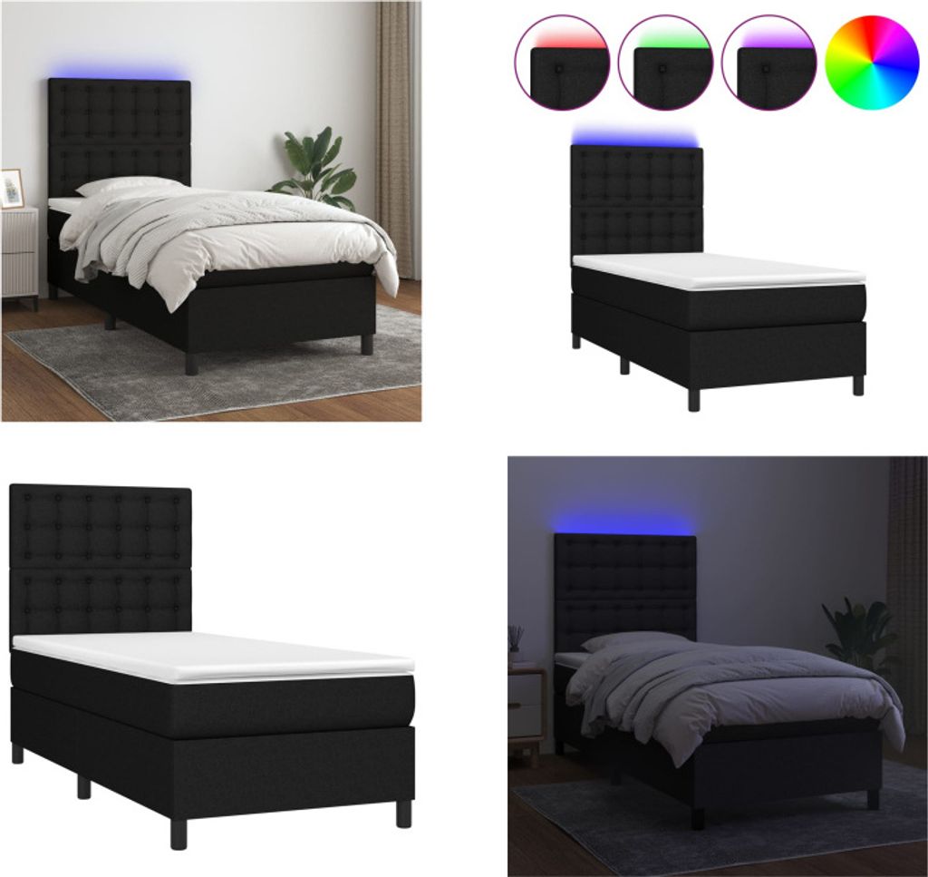 vidaXL Boxspringbett mit Matratze & LED Schwarz 90x200 cm Stoff - Boxspringbett - Boxspringbetten - Bett - Schlafzimmermöbel