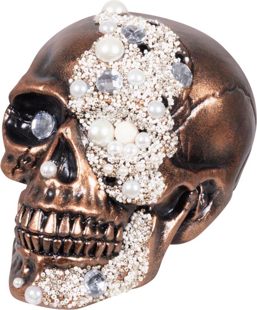 Totenkopf-Dekofigur mit Diamanten Partydeko Halloween bronze-weiss 16x15x21 cm -