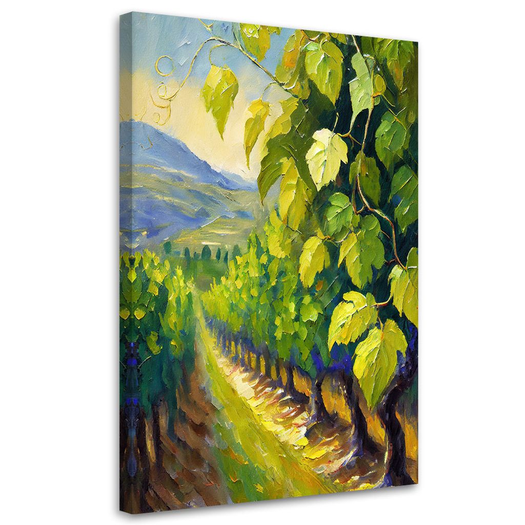 Leinwandbild Weinberg Traubenblätter gemalt 70x100 Feeby Grün bild für die wand bereit zum aufhängen