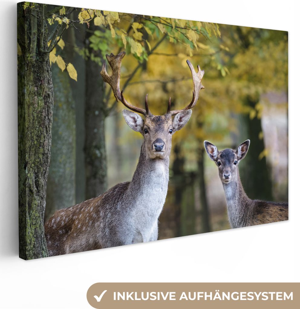 OneMillionCanvasses - Leinwandbilder - 140x90 cm, Hirsche - Tiere - Baum, Wandbilder Kunstdruck Wanddekoration