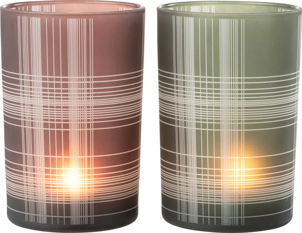 Photophore en Verre Mat Coloris Marron et Vert - Motif Carreaux Design 2pc