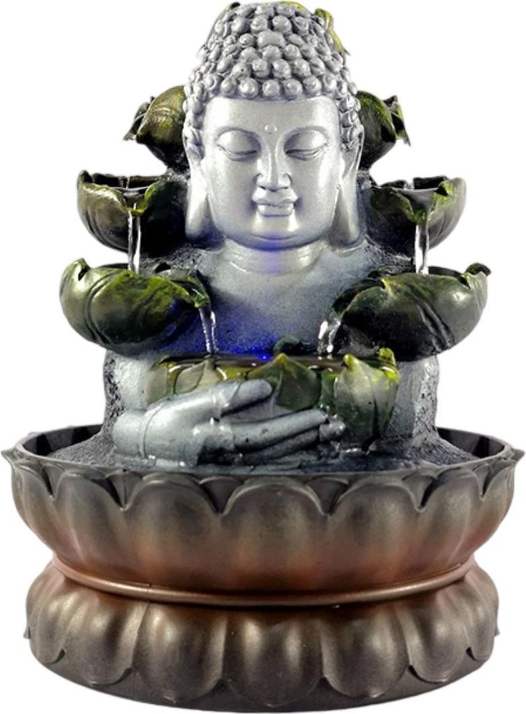 Zimmerbrunnen mit RGB-Beleuchtung, Buddha-Tisch-Kaskadenbrunnen, Fengshui-Meditation, entspannende Innendekoration