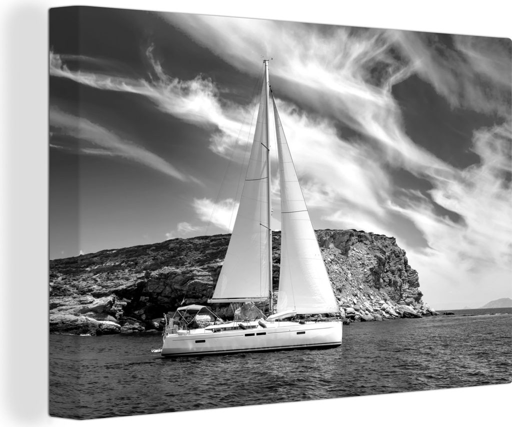 OneMillionCanvasses - Leinwandbilder - 140x90 cm, Segelboot mit einem schönen Himmel - schwarz und weiß, Wandbilder Kunstdruck Wanddekoration