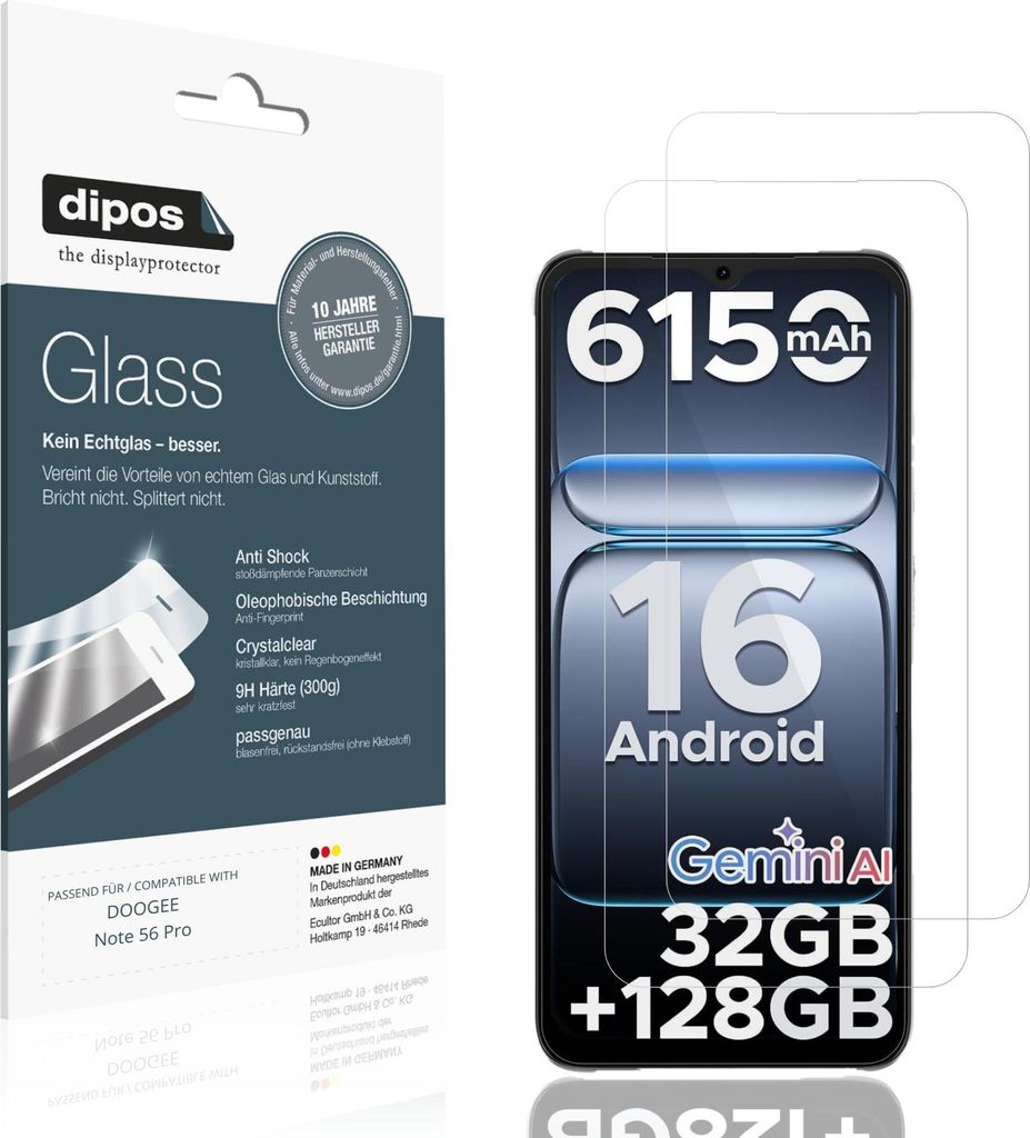 2x Schutzfolie für DOOGEE Note 56 Pro - Anti-Shock 9H Folie dipos Glass Kunststoffglas
