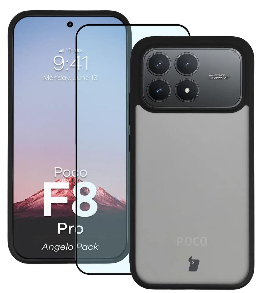 Schutzhülle + gehärtetem Glas Bizon Angelo Pack für Xiaomi POCO F8 Pro, Getönte mit schwarzem Rahmen