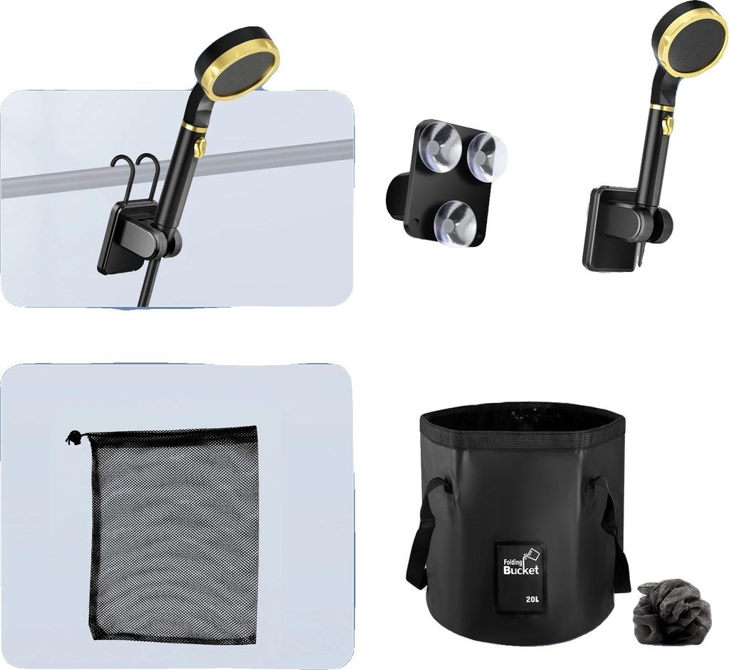 Tragbare Campingdusche, wiederaufladbare Pumpe, zusammenklappbarer Eimer, schwarz
