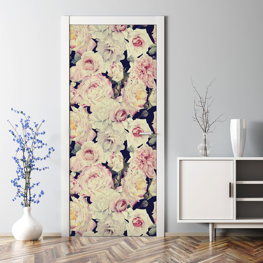 Dekorative Türposter selbstklebend Wandaufkleber Türaufkleber Weiße Rosen Vintage 85 x 200 cm