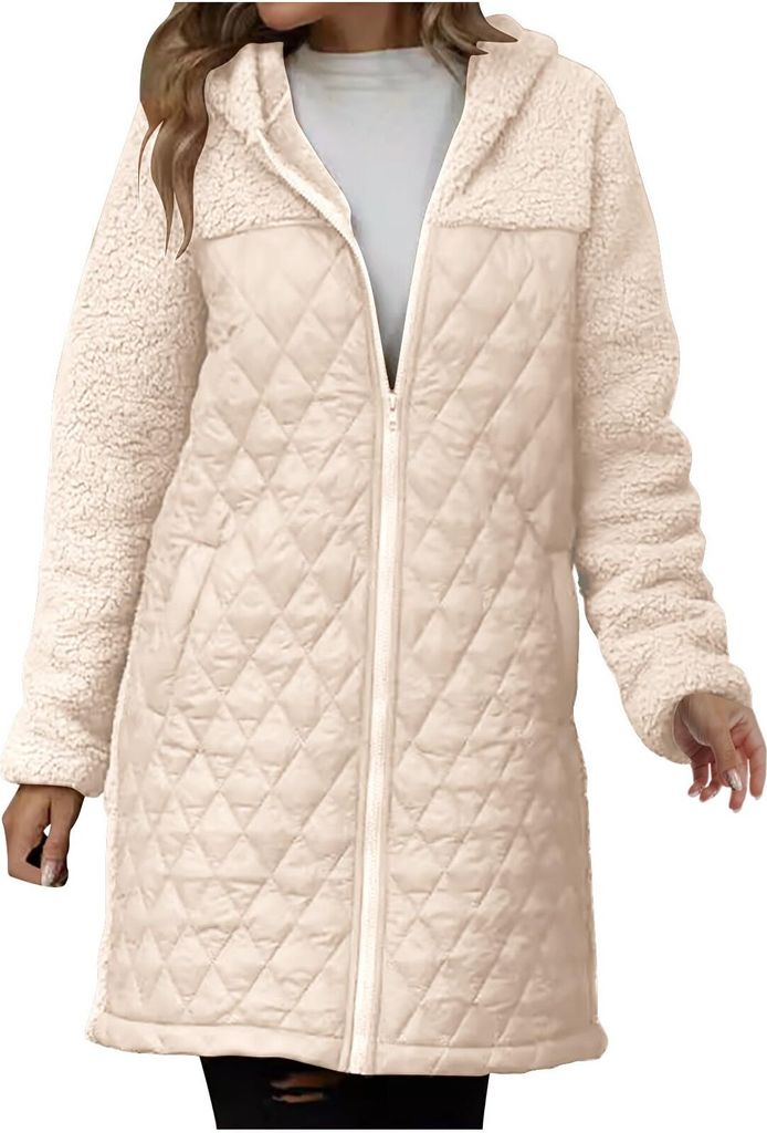 ASKSA Damen Mantel Winter Fleecejacke Lang Warm Wintermantel Daunenmantel Patchwork Winterjacke Waermemantel mit Kapuze (Aprikose,M)