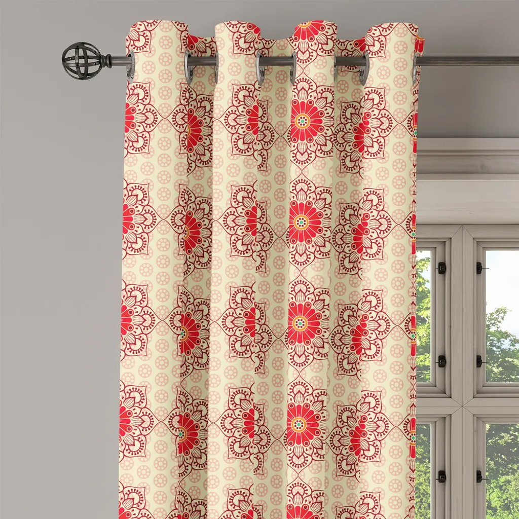 Rideau ethnique à œillets composition florale mandalas rubis et beige - 4