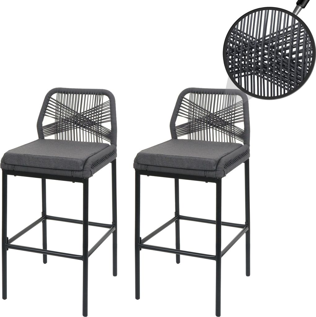 2er-Set Rope-Barhocker HWC-O21, Outdoor Sitzpolster Seilgeflecht Metall anthrazit, Kissen dunkelgrau