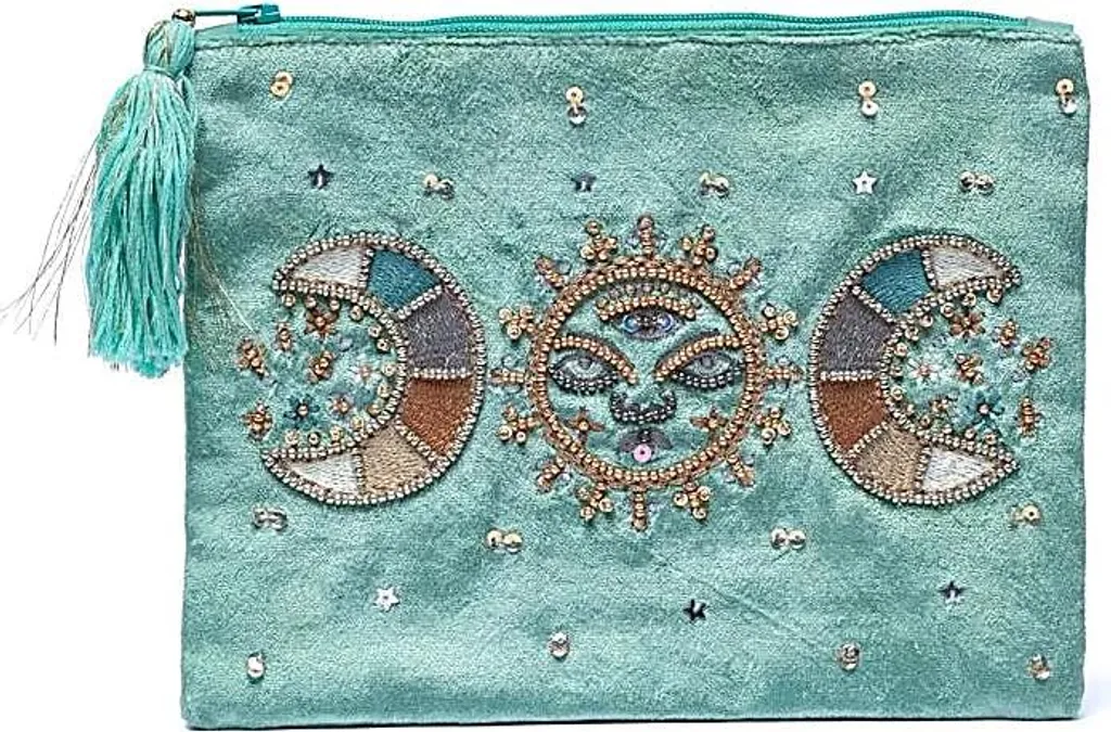 Pochette Velours Zippée Menthe avec Phases de Lune Brodées 20x15 cm