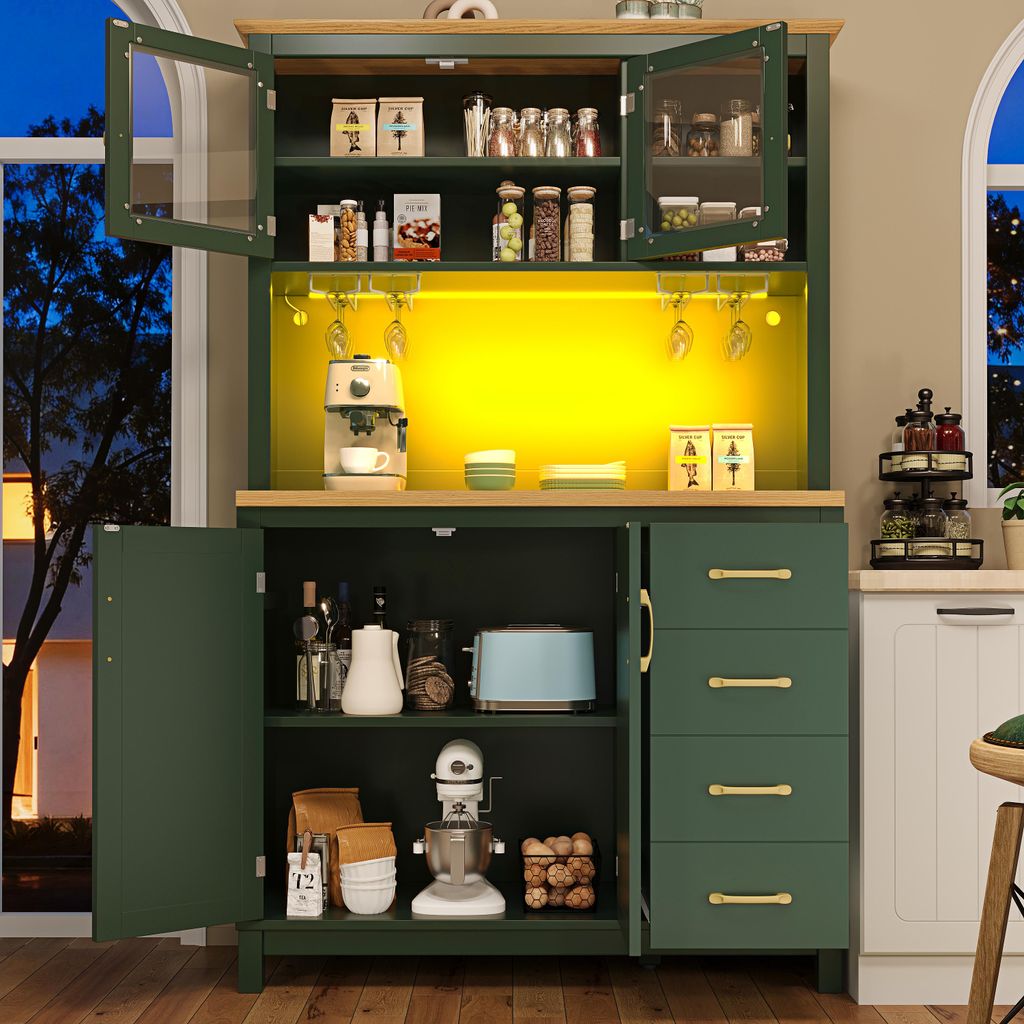 okwish Küchenschrank,Hochschrank mit LED-Lichtleiste und Getränkehaltern,Seitenboard,Aufbewahrungsschrank mit Schubladen und offenen Ablagefäche...