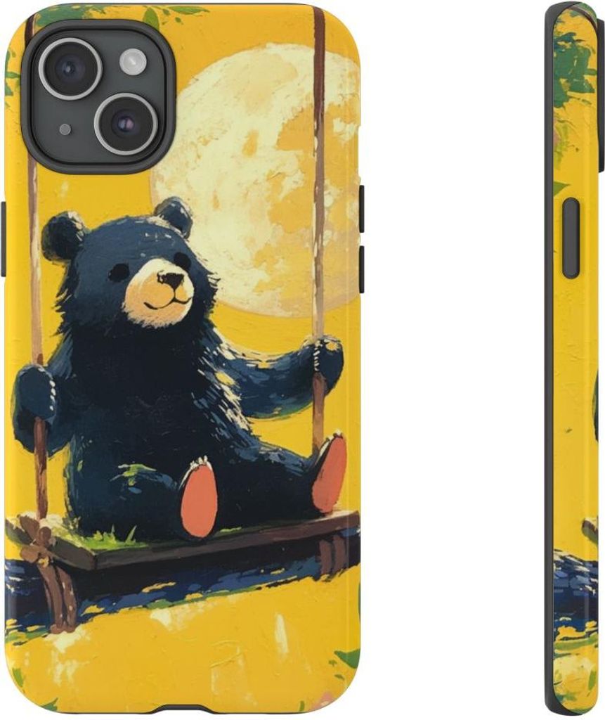 Schwarzer Bär auf Baumschaukel im Mondschein – Hülle Kompatibel mit iPhone 15 Plus