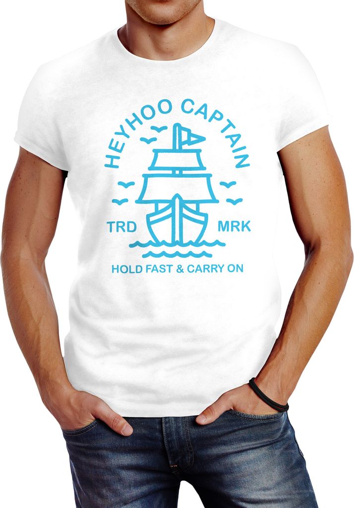 Herren T-Shirt Schiff Kapitain Segeln Captain Anker Slim Fit Neverless weiß-türkis M