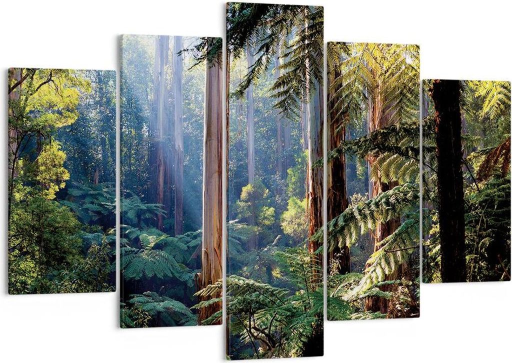 Bild auf Leinwand - Leinwandbild - 5 Teile - Morgendämmerung Bäume Wald - 150x100cm - Wand Bild - Wanddeko - Wandbilder - Leinwanddruck - Bilder ...