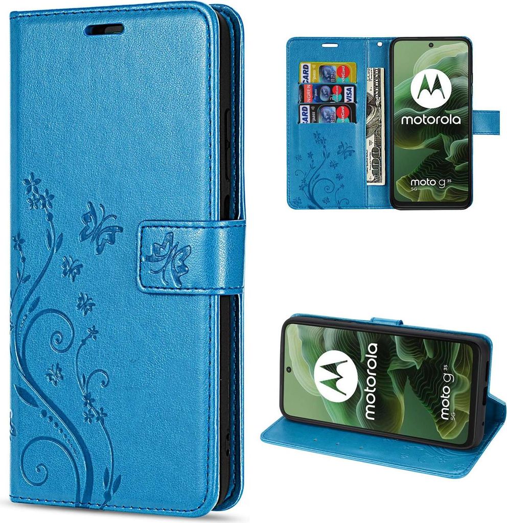 A collage of images showing a blue flip-style phone case with floral and butterfly embossing, and a Motorola phone inside.