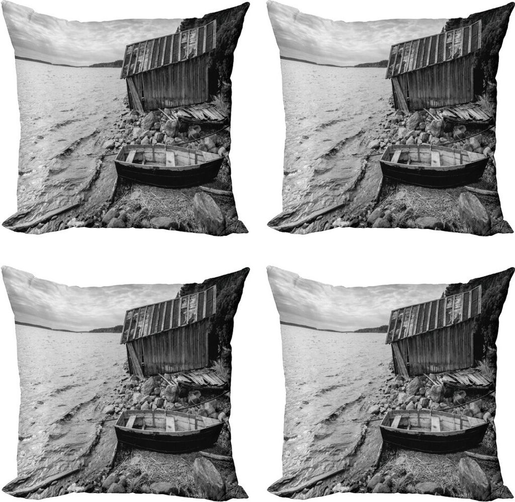 ABAKUHAUS Schwarz und weiß Kissenbezug Set (4 Stück), Fischerboot, Moderner Doppelseitiger Digitaldruck, 40 cm x 40 cm, Grau