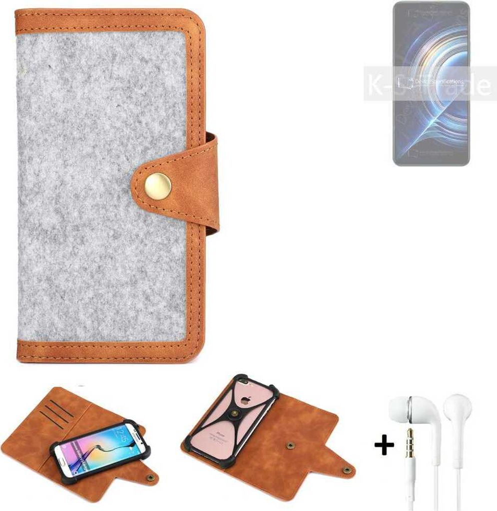 K-S-Trade Handyhülle + Kopfhörer kompatibel mit Xiaomi Redmi K50 Pro Schutzhülle Filz Hülle Kunstleder hellgrau braun (1x)