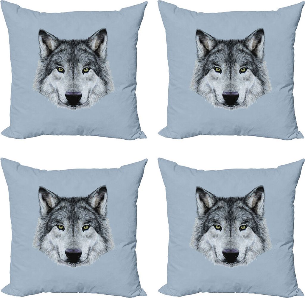 ABAKUHAUS Wolf Kissenbezug Set (4 Stück), Detaillierte Canine Expression, Moderner Doppelseitiger Digitaldruck, 40 cm x 40 cm, Schwarz Beige Blaugrau