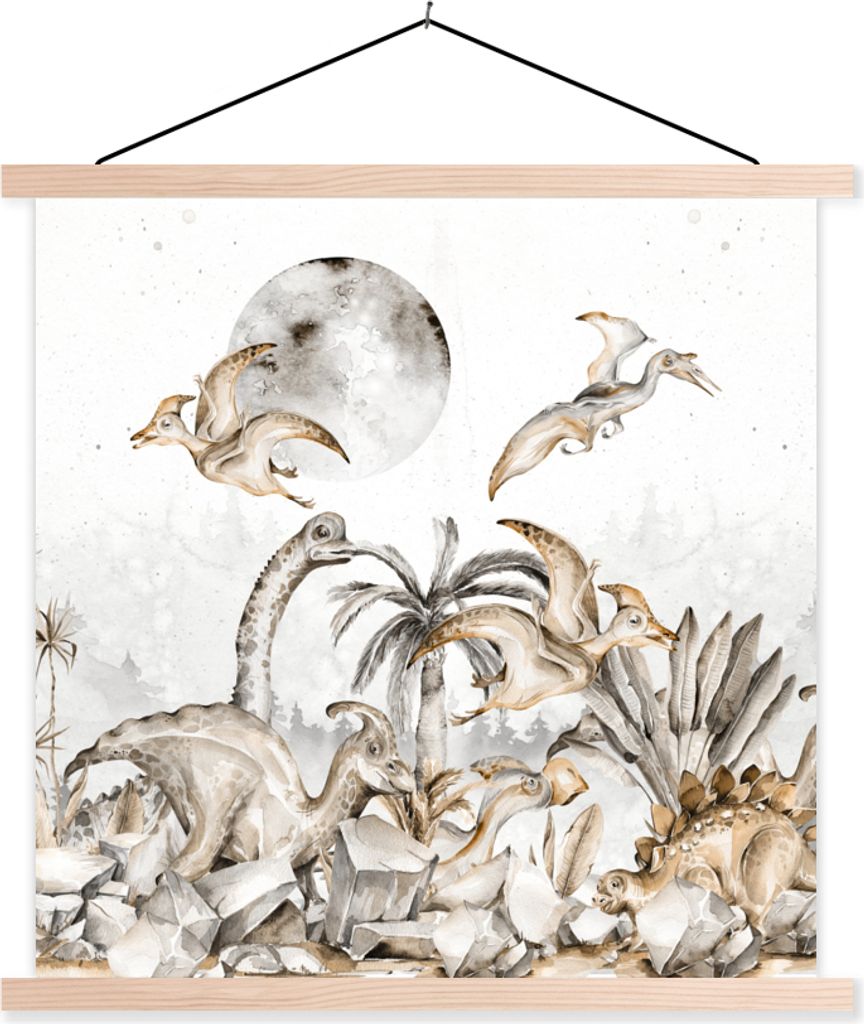 MuchoWow Textilposter Dino - Dschungel Dekoration - Kinder - Junge - grün 120x120 cm mit holzfarbenen Rahmen - Textil-Poster