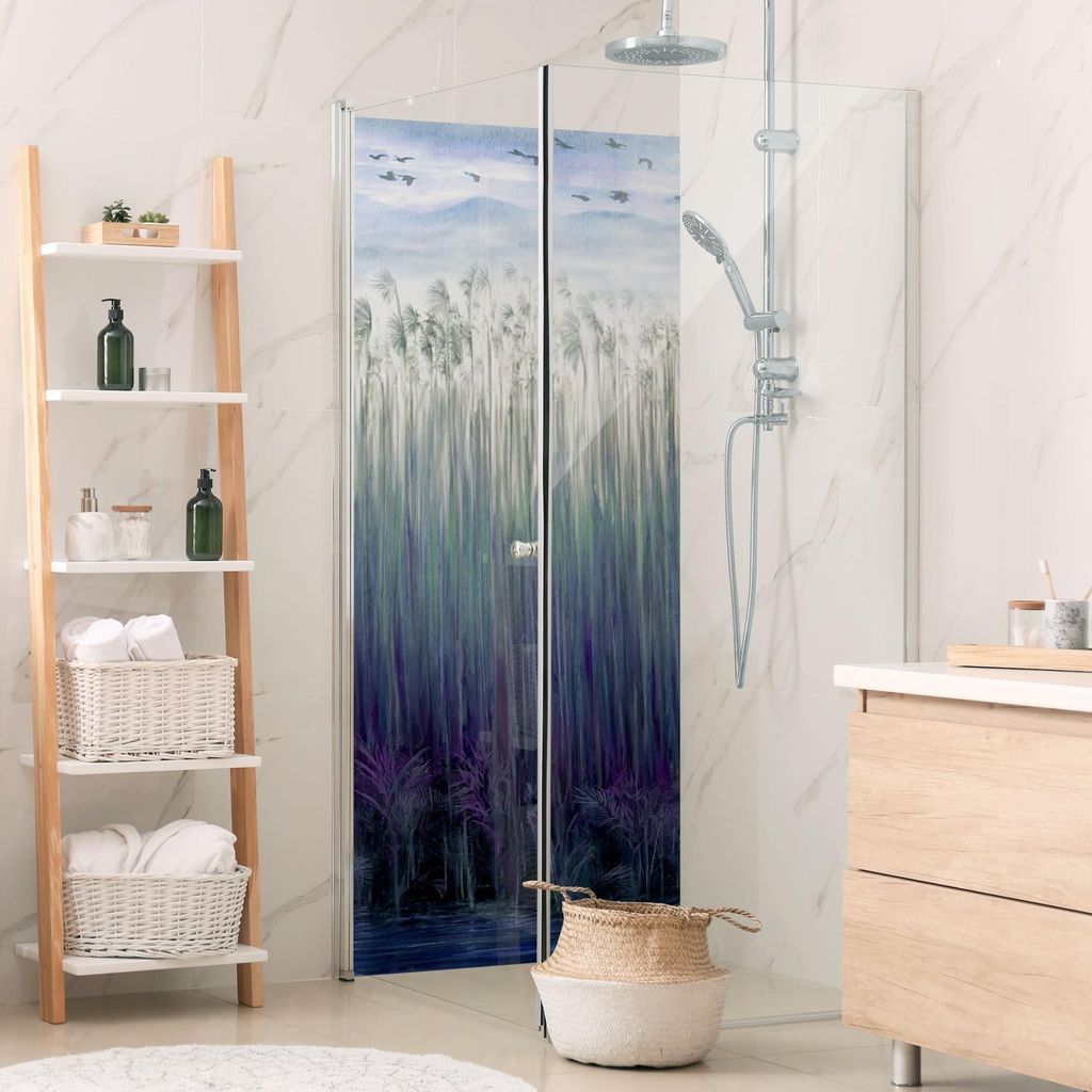 Duschrückwand Natur selbstklebend - 0.61 mm Wandpaneel wasserfest Gräser blau Vintage Badrückwand fugenlos Premium matt 100x200 cm