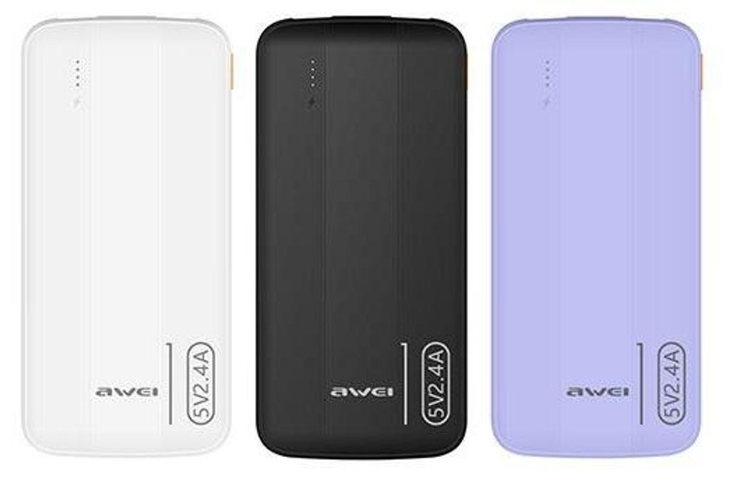 Three power banks in different colors are displayed side-by-side against a white background.