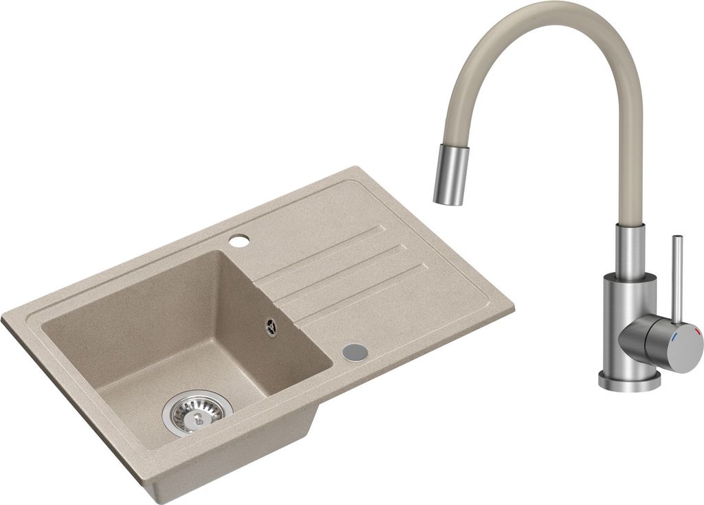 VBChome Spülbecken Granit Beige mit Armatur 70 x 44 cm Einzelbecken Einbauspüle Gesprenkelt Reversibel Granitspüle Siphon Waschbecken Beige Arma...