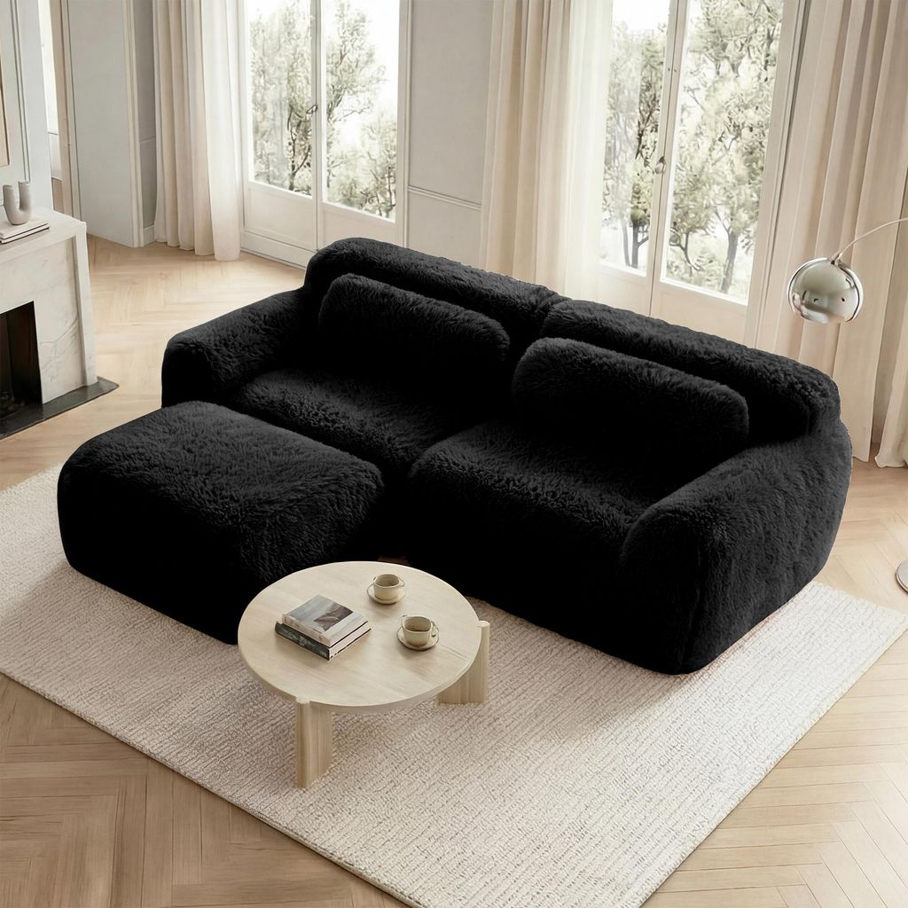 L-förmiges modulares 2-Sitzer Sofa, weicher Plüschstoff, frei kombinierbar mit Kissen, hochelastisch & montagefrei, für kleine Wohnzimmer, Schwarz