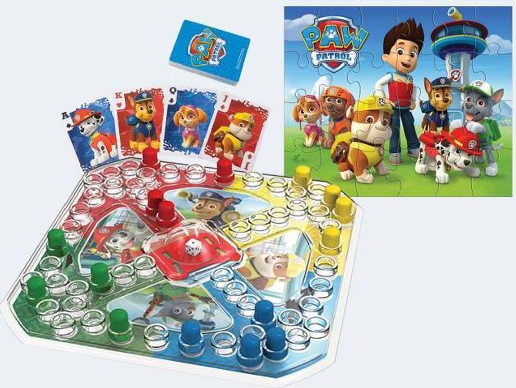A Paw Patrol themed board game, cards, and puzzle are displayed together.