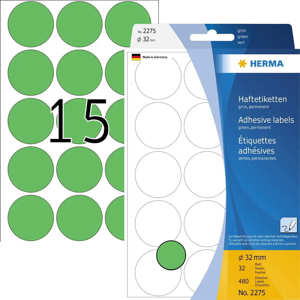 Bollini Verdi HERMA 32mm | Etichette Rotonde 480pz per DIY e Casa