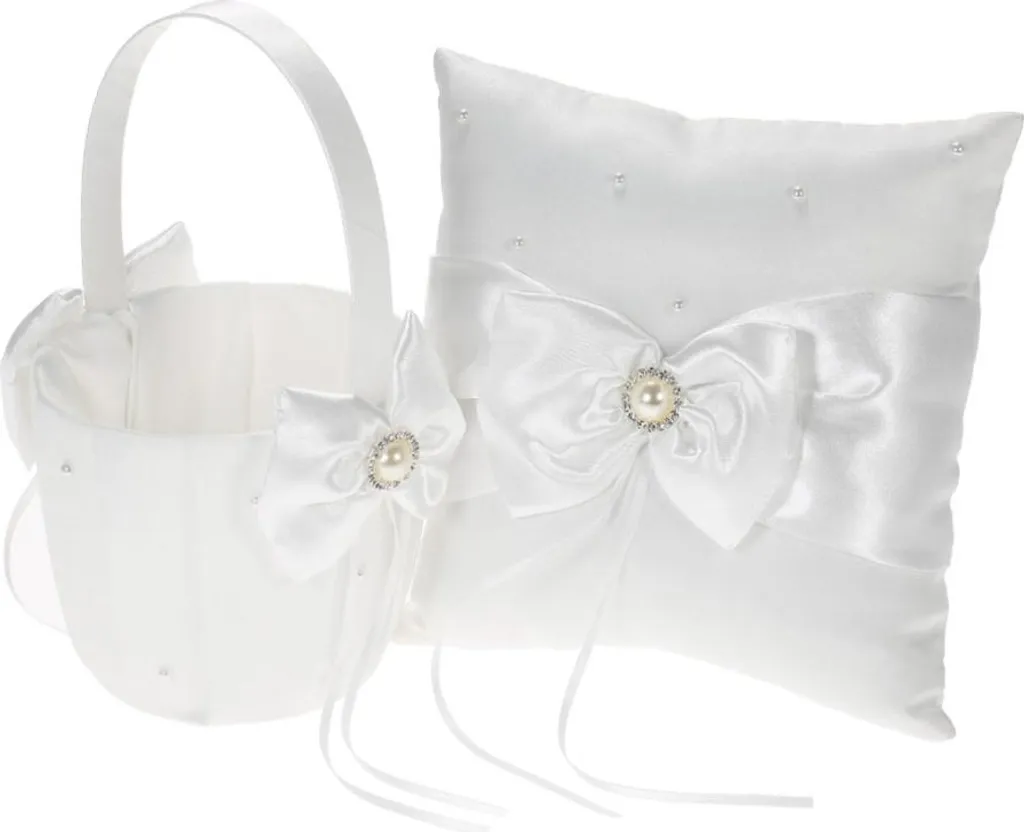 Cesto e Cuscino per Portafedi con Fiori in Raso di Pizzo Avorio con Perle, Grazioso per Bambina da Matrimonio per Decorazione