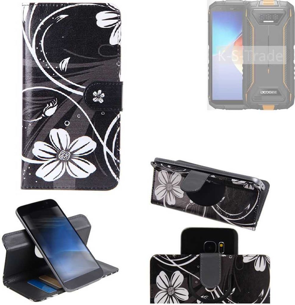 K-S-Trade Schutzhülle Handyhülle kompatibel mit Doogee S41T Hülle 360° Wallet Case “Flowers“ Klapphülle Hülle schwarz-weiß 1x