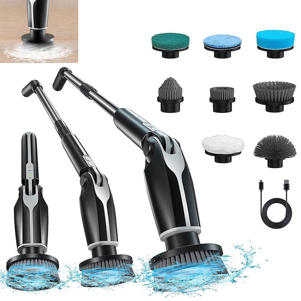 Elektrische Reinigungsbürste 8-in-1 | Spin Scrubber mit Bohrbürstenköpfen | Verstellbarer Griff | Putzbürste Akku