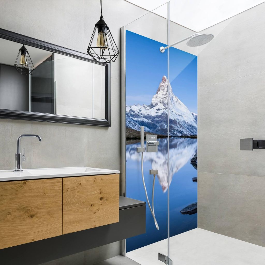 Duschrückwand Natur selbstklebend - 0.35 mm Wandpaneel wasserfest Schweiz blau Motiv Badrückwand fugenlos Smart matt 90x200 cm