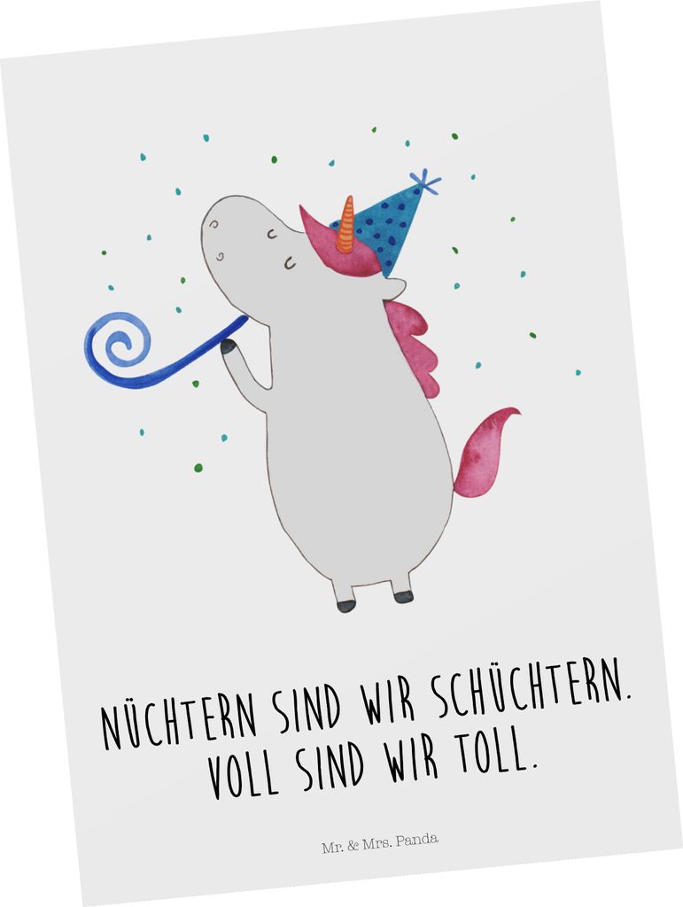 Mr. & Mrs. Panda Postkarte Einhorn Party - Weiß - Geschenk, Postkarten, Unicorn, Ansichtskarte, Einhörner, Grußkarte, Club, Geburtstag, Alkohol,...