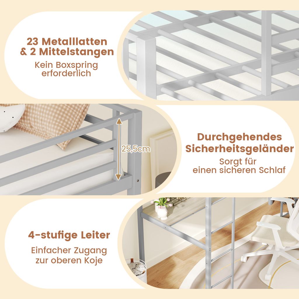 COSTWAY loft łóżko piętrowe 90x200cm z biurkiem, diodami Zdjęcie produktu 8