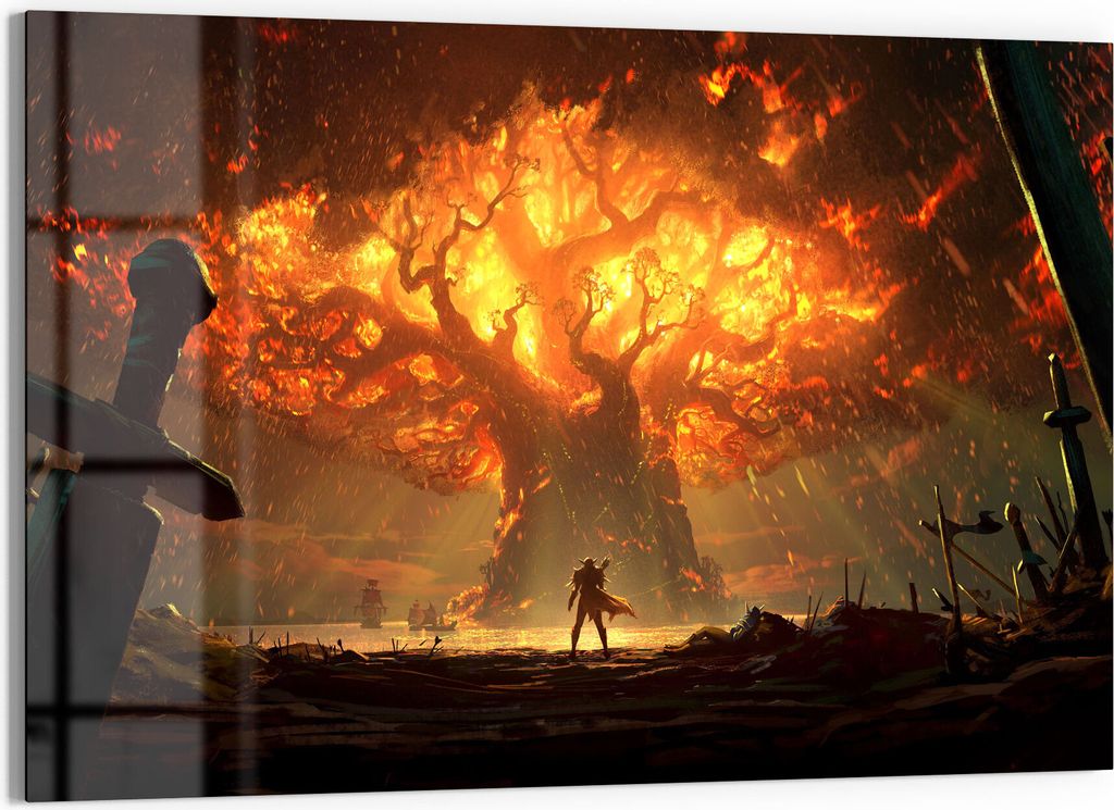 DEQORI Glasbild Echtglas 90x60 cm 'Brennender Weltenbaum WoW' Wandbild Bild modern Deko