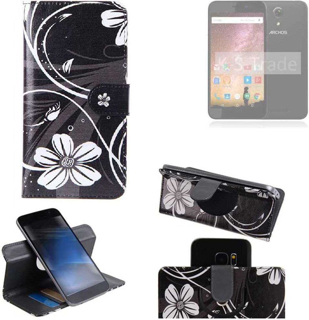 K-S-Trade Schutzhülle Handyhülle kompatibel mit Archos 50 Power Hülle 360° Wallet Case ''Flowers'' Klapphülle Hülle schwarz-weiß 1x