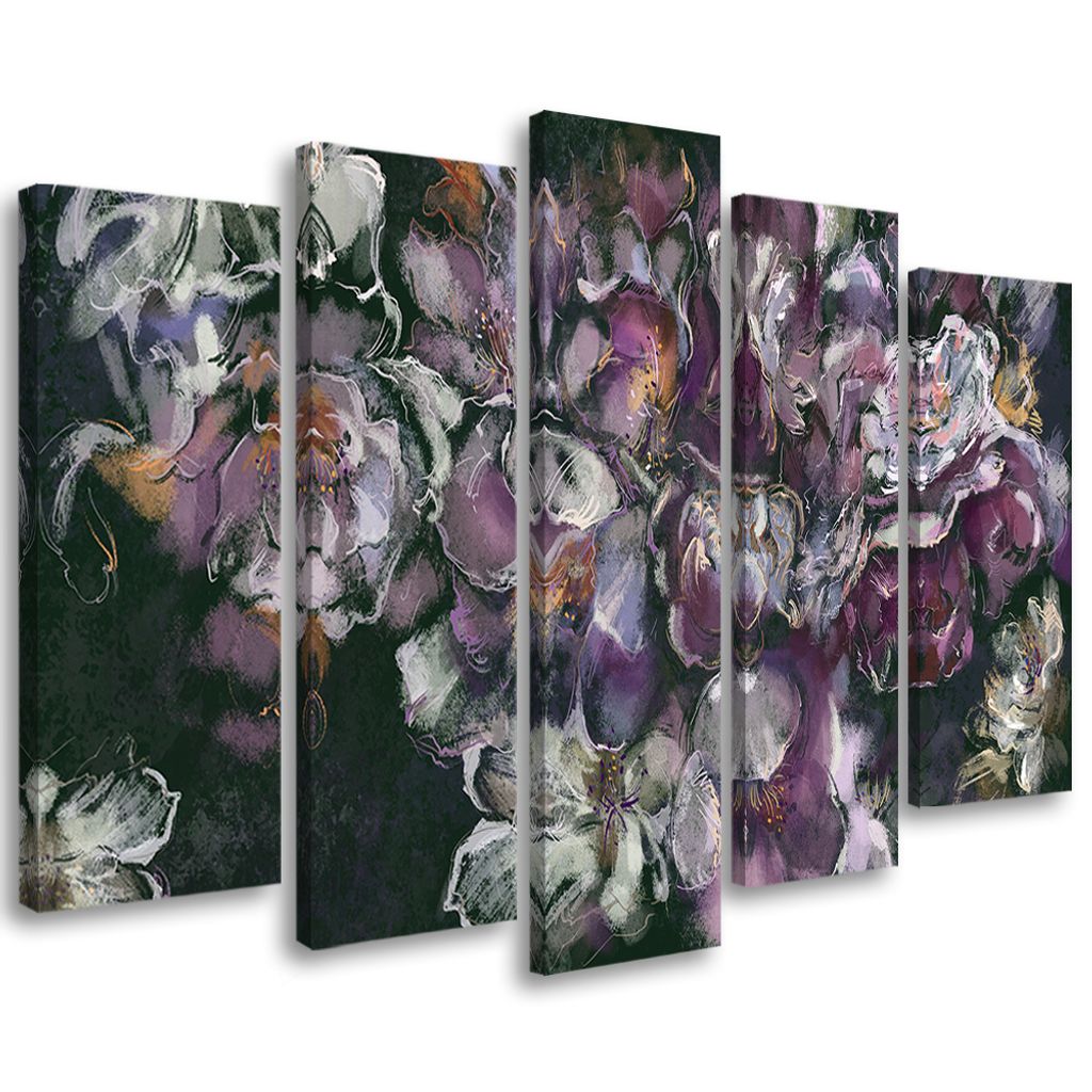 5-teiliges leinwandbild irisblüte 200x100 cm Feeby lila wandbild bereit zum aufhängen