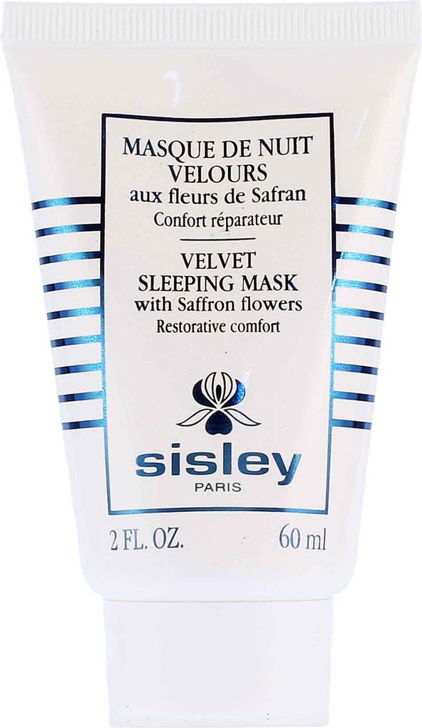 A white tube of Sisley Velvet Sleeping Mask with blue stripes and text.