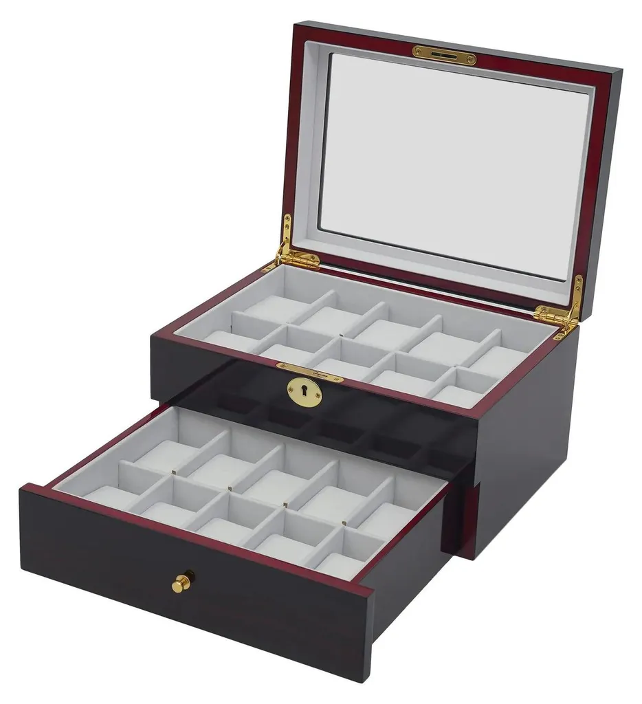 Coffret à montres 20 compartiments gris en bois de santal avec tiroir
