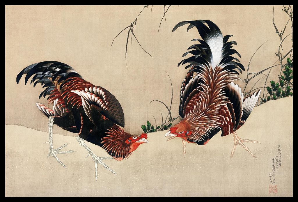 Plakat 60x40cm Gamecocks, Hokusai Japanisch Vintage für das Wohnzimmer