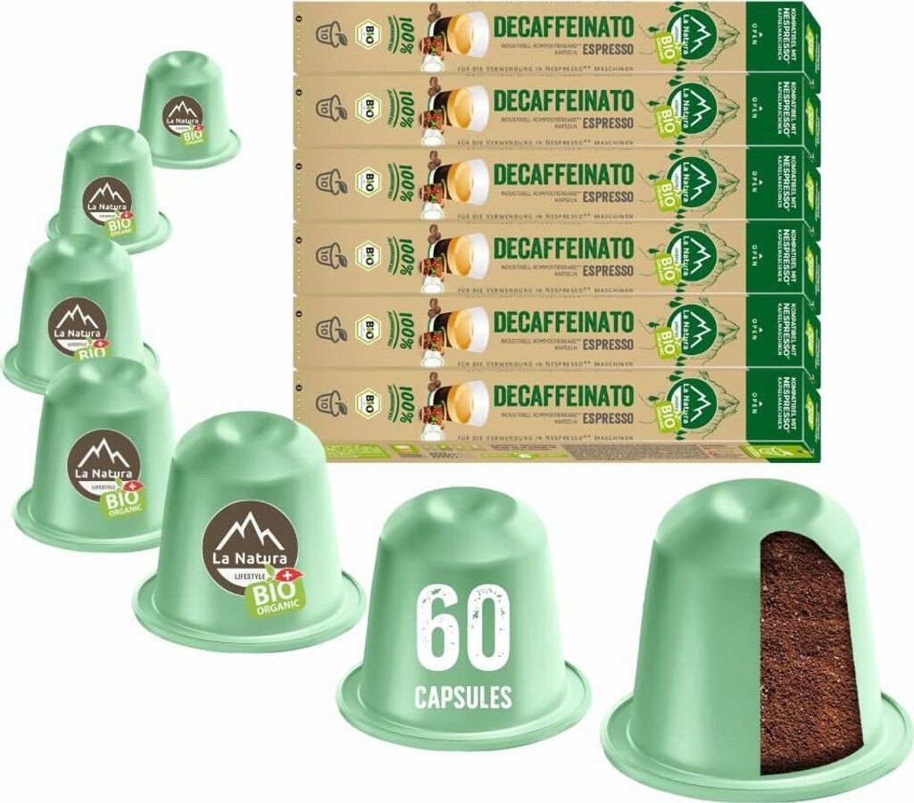 Decaffeinato Espresso Kaffee - 60 Kaffeekapseln | La Natura Lifestyle Organic 306g| biobasiert | Nespresso *³ kompatible