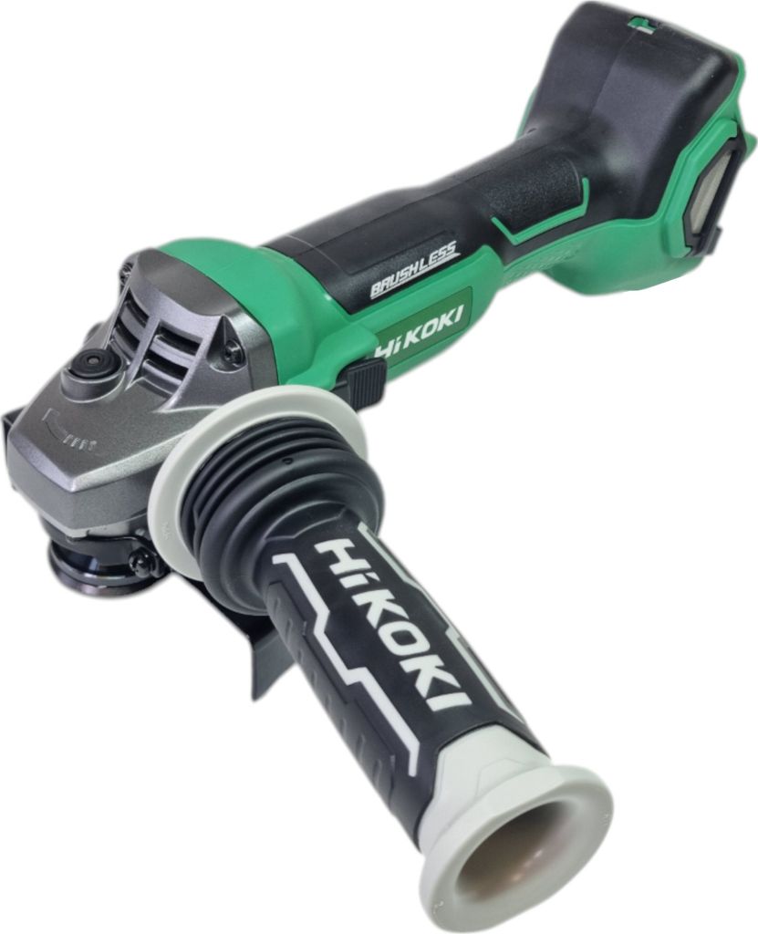 A cordless angle grinder with a handle.