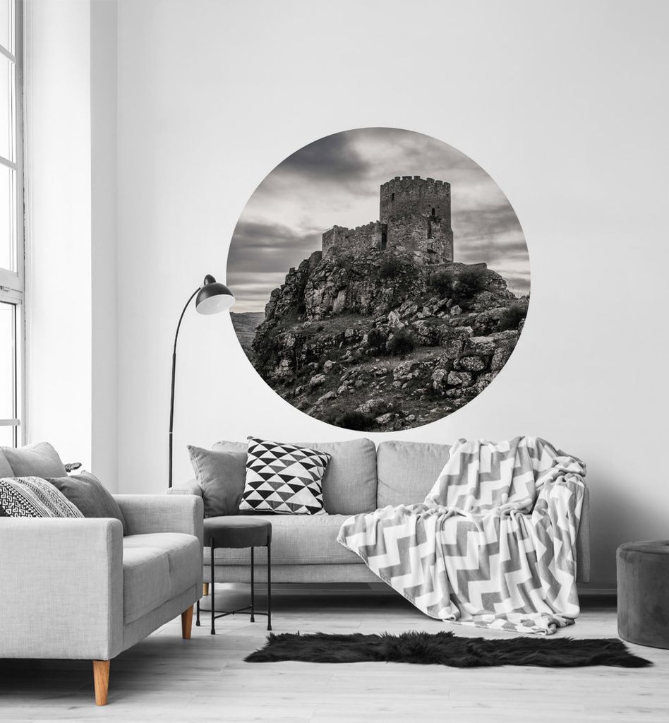 Fototapete Altes Schloss schwarz weiß rund, Material:Premium Vlies 150g/qm, Größe Tapete:130cm rund