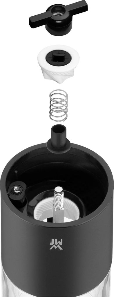 An exploded view of a pepper grinder's internal components.