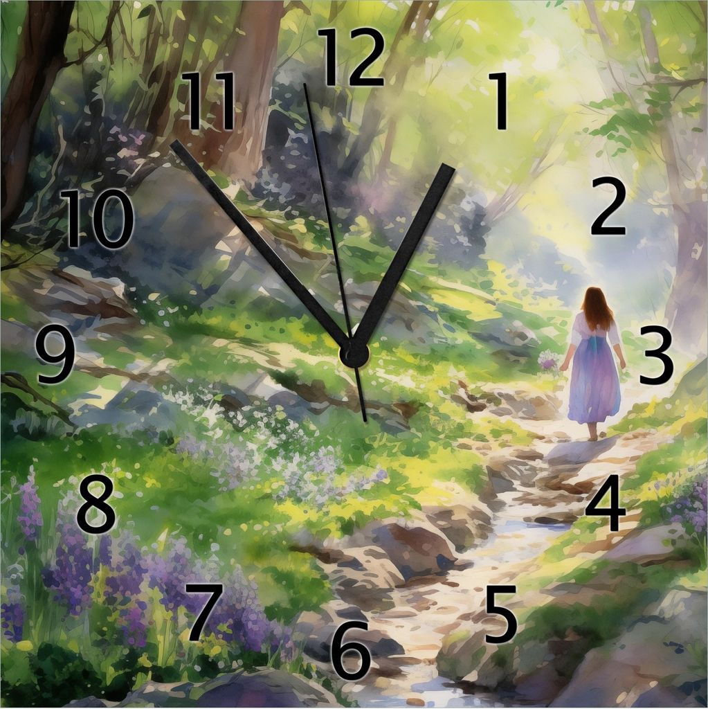 Wallario Design Wanduhr Wanderung im Morgenlicht aus Echtglas, Größe 30 x 30 cm